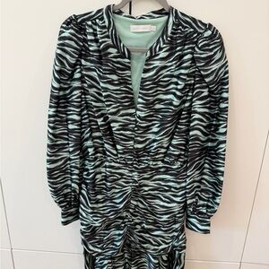 Jonathan Simkhai Mint and Black Long Sleeve Zebra Ruched Dress